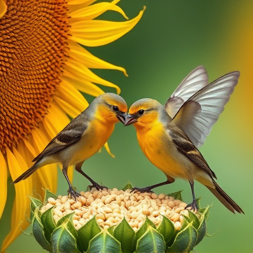 Birds feeding on sunflower seeds