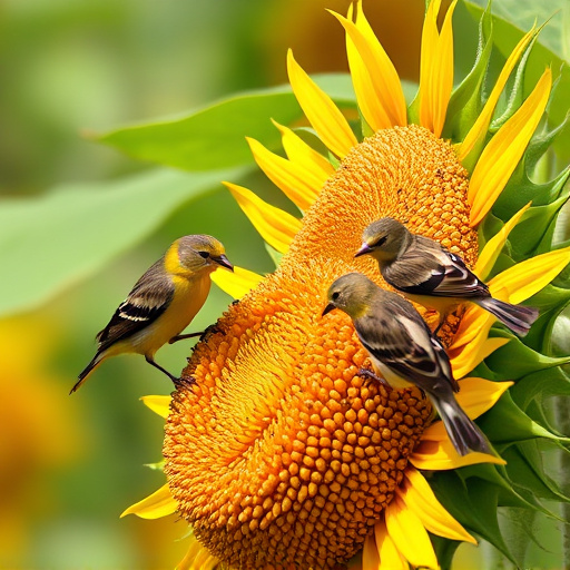 Birds feeding on sunflower seeds