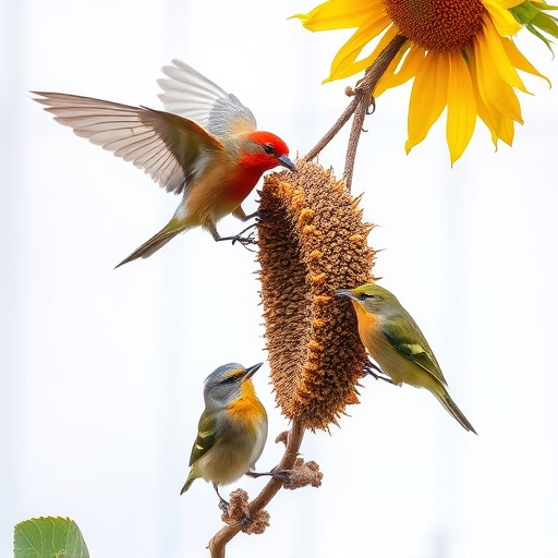 Birds feeding on sunflower seeds