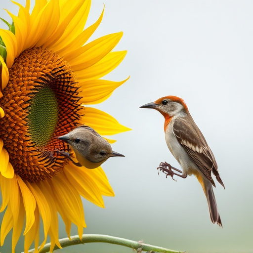 Birds feeding on sunflower seeds