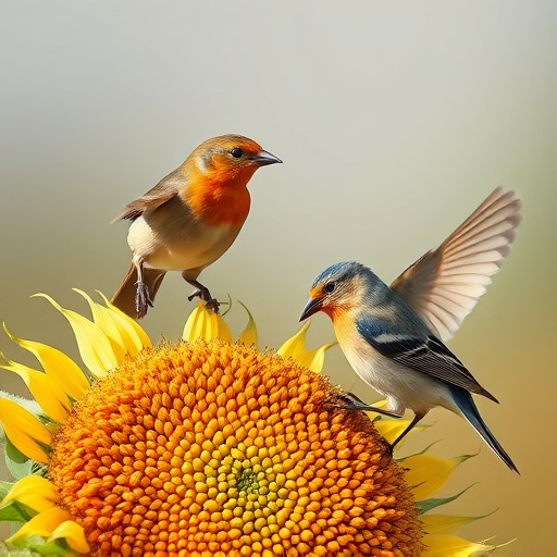 Birds feeding on sunflower seeds