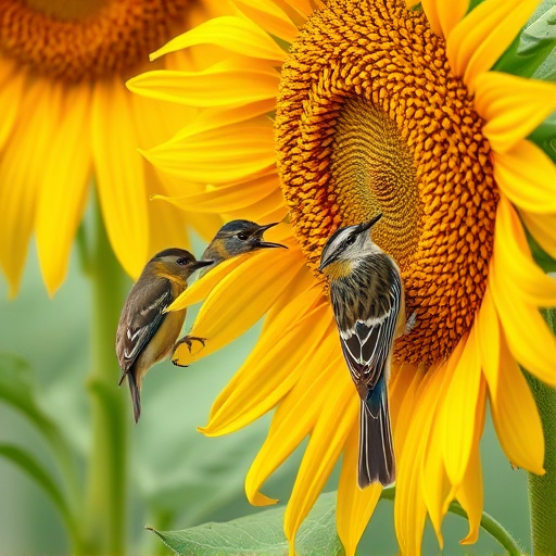 Birds feeding on sunflower seeds