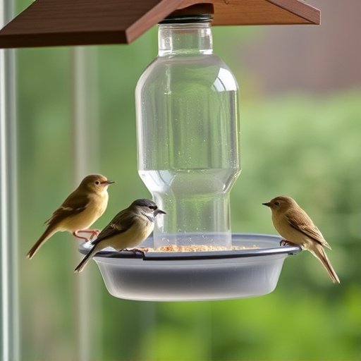 Birds feeding on window bird feeder