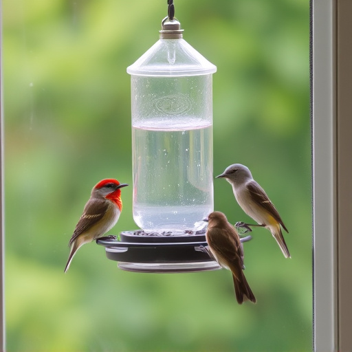Birds feeding on window bird feeder