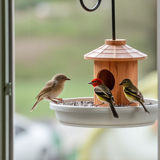 Birds feeding on window bird feeder