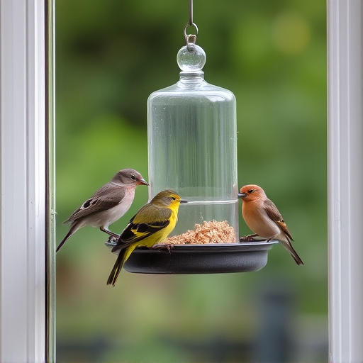Birds feeding on window bird feeder