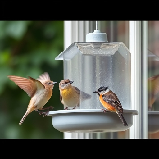 Birds feeding on window bird feeder