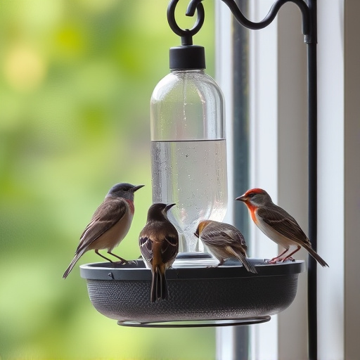 Birds feeding on window bird feeder