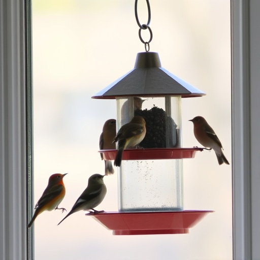 Birds feeding on window bird feeder
