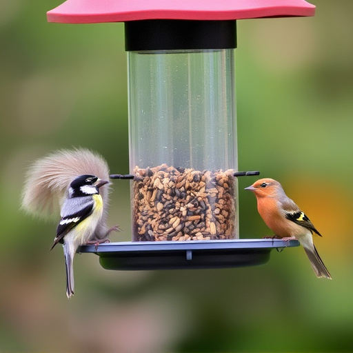 Birds feeding safely from anti-squirrel feeder