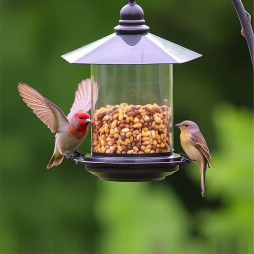Birds feeding safely from anti-squirrel feeder