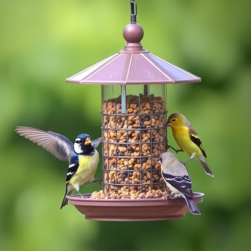 Birds feeding safely from anti-squirrel feeder