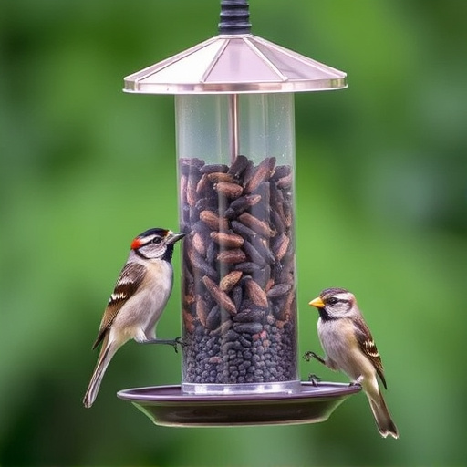 Birds feeding safely from anti-squirrel feeder