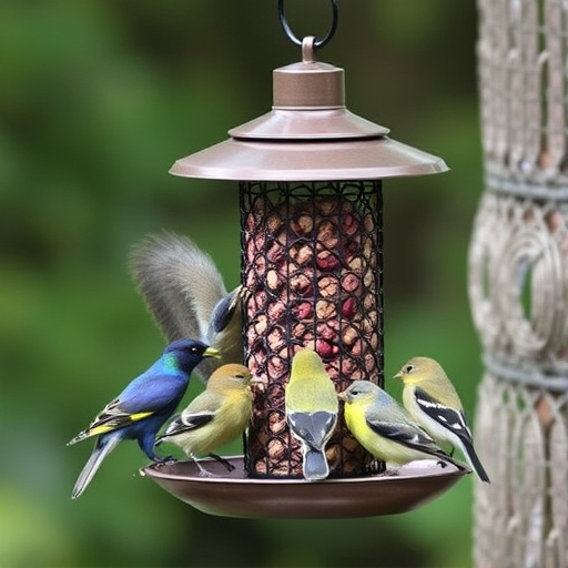 Birds feeding safely from anti-squirrel feeder