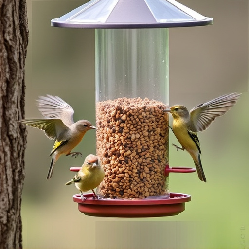 Birds feeding safely from anti-squirrel feeder