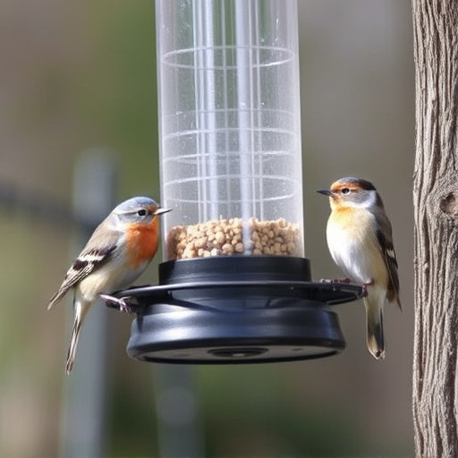 Birds feeding safely from anti-squirrel feeder