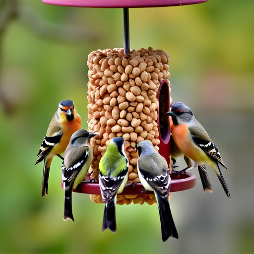 Birds gathered around peanut feeder