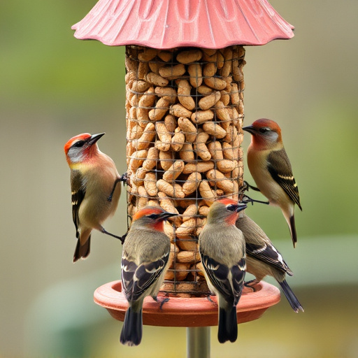 Birds gathered around peanut feeder