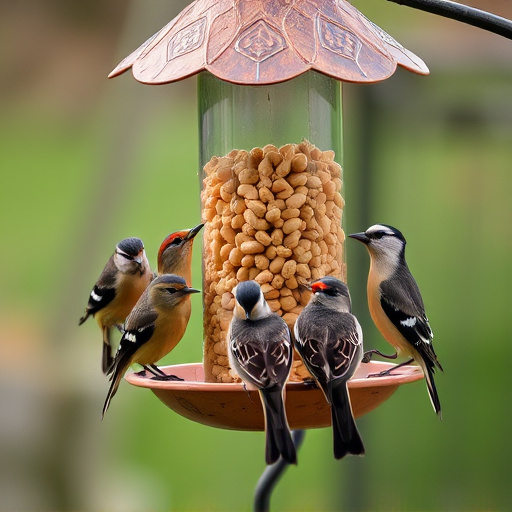 Birds gathered around peanut feeder