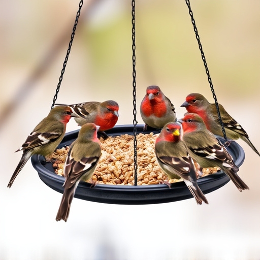 Birds gathered around seed-filled tray
