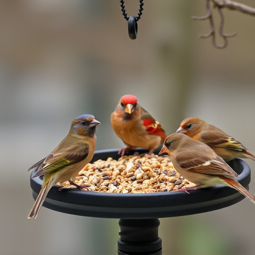 Birds gathered around seed-filled tray