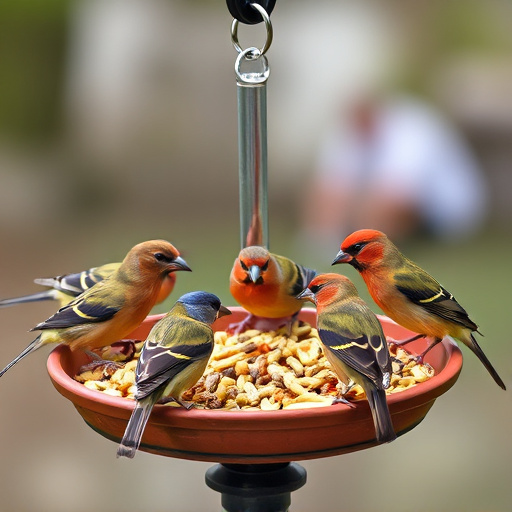 Birds gathered around seed-filled tray