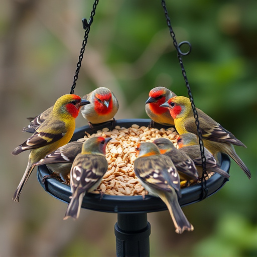 Birds gathered around seed-filled tray