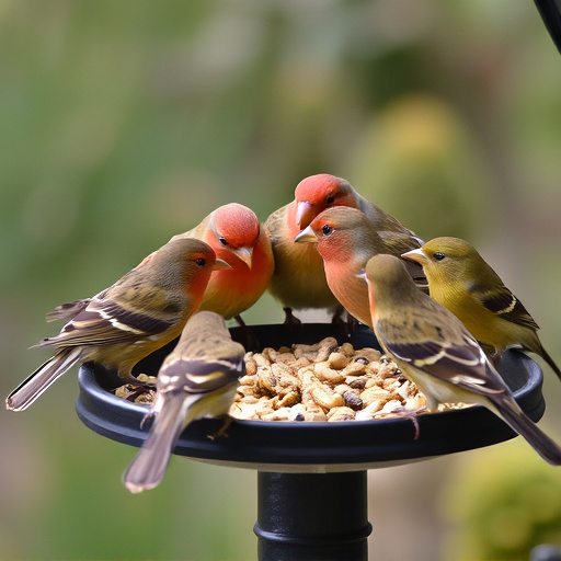 Birds gathered around seed-filled tray