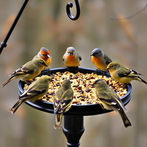 Birds gathered around seed-filled tray