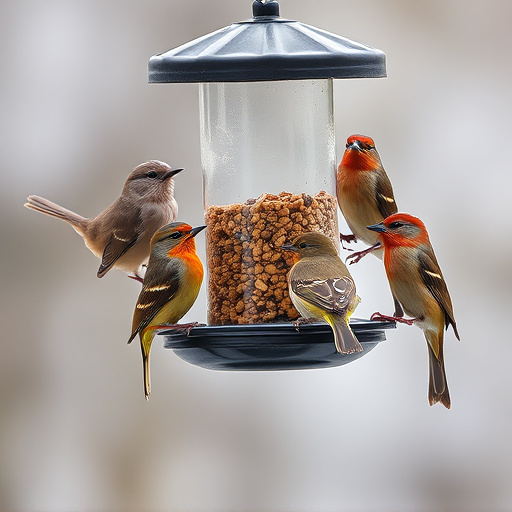 Birds gathering around hanging suet feeder