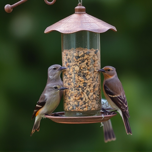 Birds gathering around hanging suet feeder