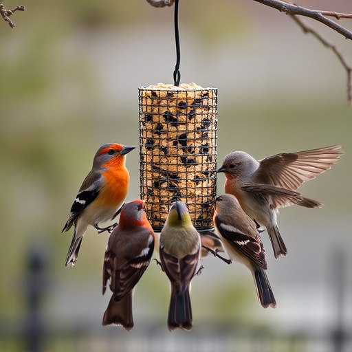 Birds gathering around hanging suet feeder