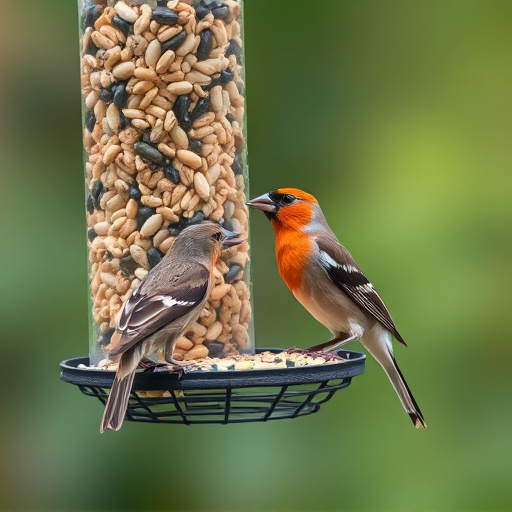 Birds pecking at mixed seed blend