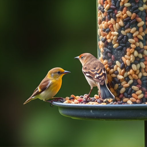Birds pecking at mixed seed blend