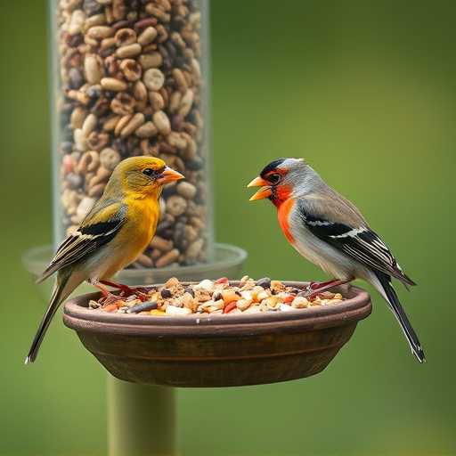 Birds pecking at mixed seed blend