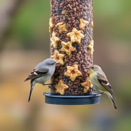 Birds pecking at mixed seed blend