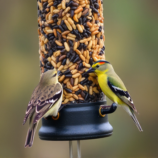 Birds pecking at mixed seed blend