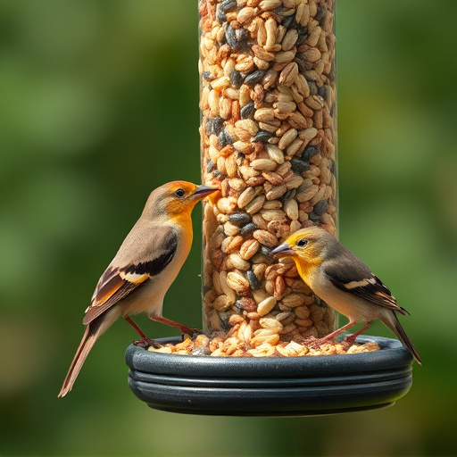Birds pecking at mixed seed blend