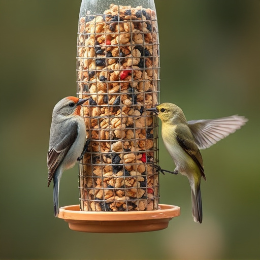Birds pecking at mixed seed blend
