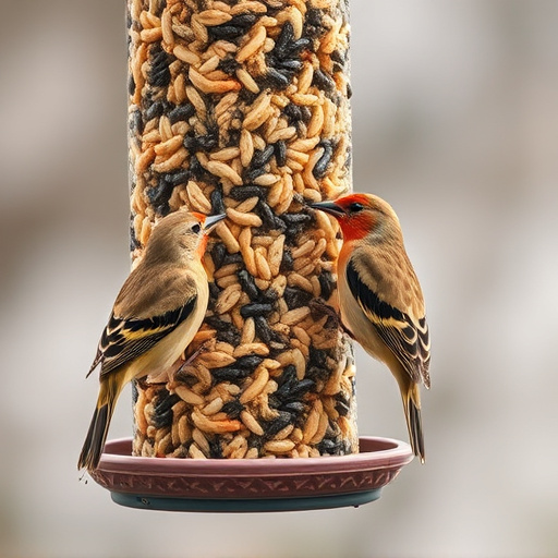 Birds pecking at mixed seed blend