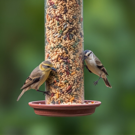 Birds pecking at mixed seed blend
