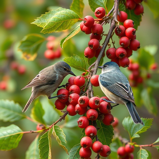 Birds pecking at ripe rowan berries