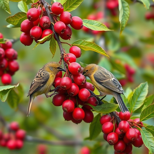 Birds pecking at ripe rowan berries
