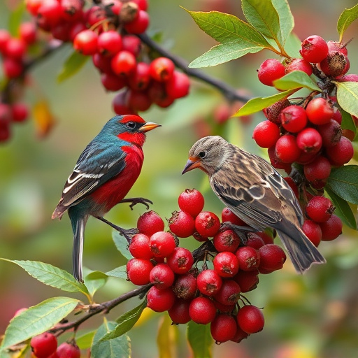 Birds pecking at ripe rowan berries