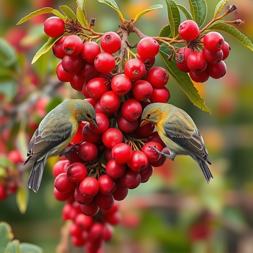 Birds pecking at ripe rowan berries