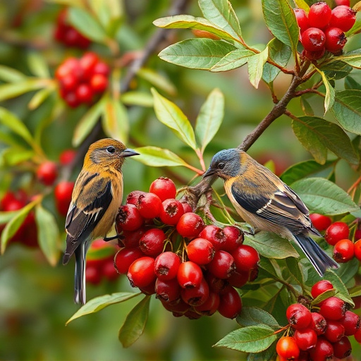 Birds pecking at ripe rowan berries