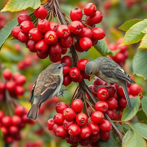 Birds pecking at ripe rowan berries