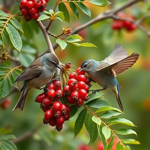 Birds pecking at ripe rowan berries