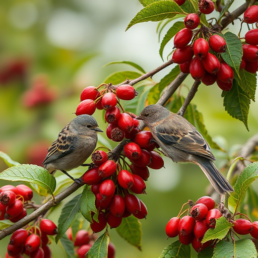 Birds pecking at ripe rowan berries
