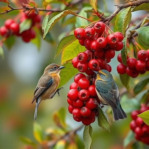 Birds pecking at ripe rowan berries
